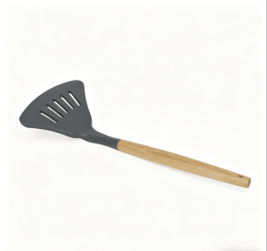 Wooden handle silicone cooking utensils, heat-resistant non-stick kitchen tools including spoon rests, egg beaters, tongs and spatulas (Style: large triangular spatula)